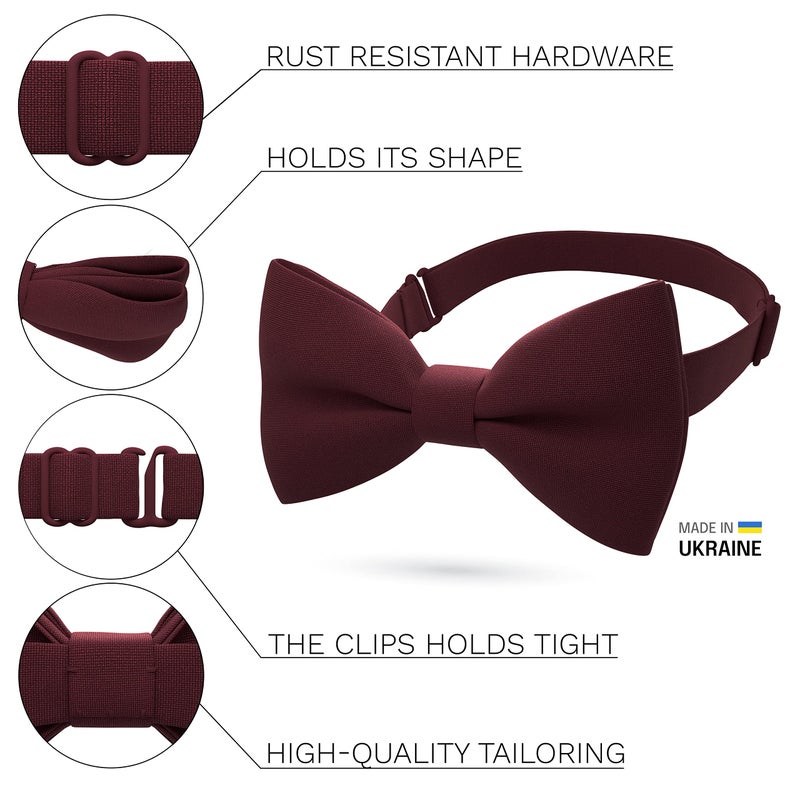 Bow Tie House Burgundy Mens Bow Tie for Maroon Men Bow Ties Gabardine Material for Adults Big Bowtie, Men Bowties Formal Pre-Tied Fabric Clip on Shape in Solid Handmade Colors for Prom & Wedding (Large, Burgundy) - Image 2